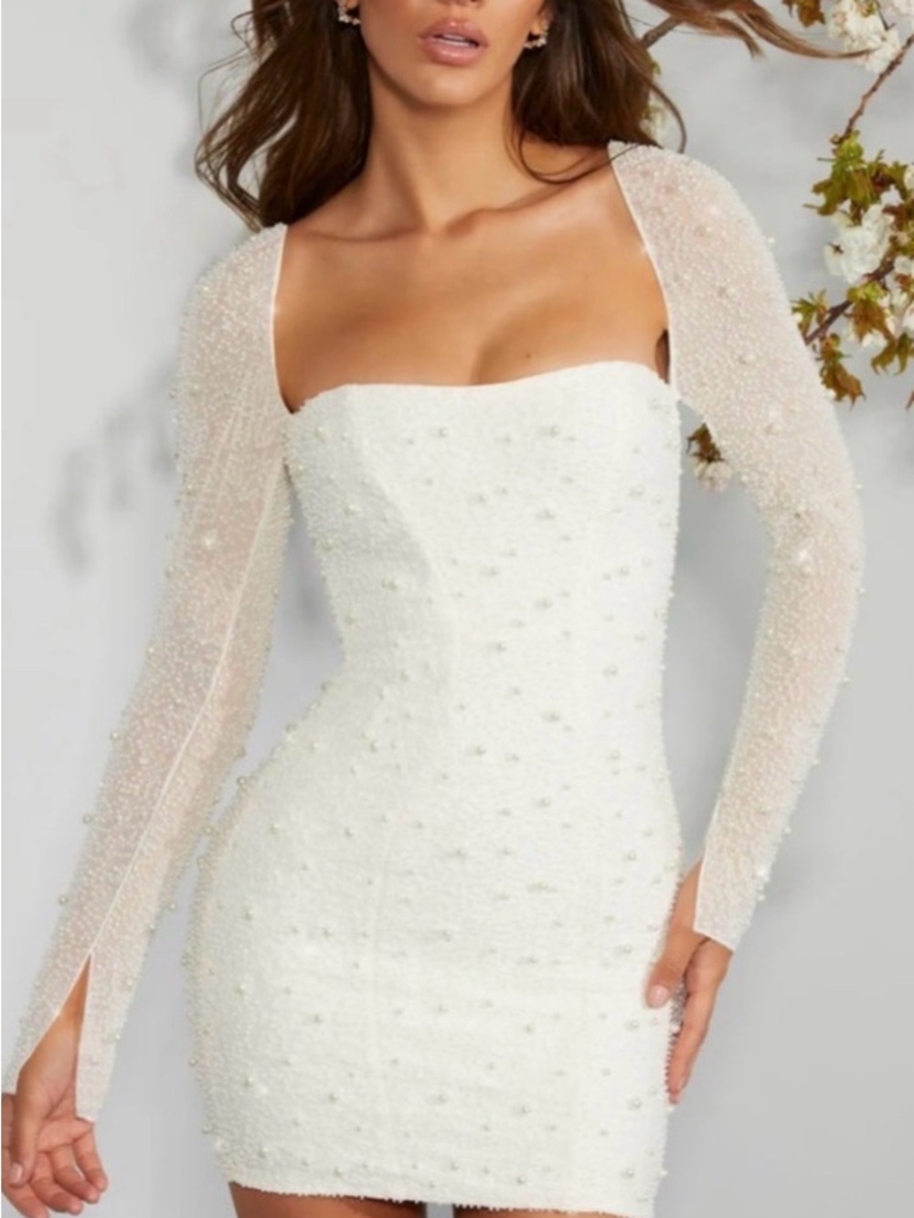 AKIRA White Pearl-Embellished Long-Sleeve Mini Dress size Small